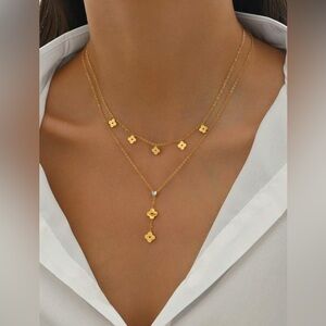 Gold Plated Stainless Steel 1pc Layered Clover Lariat Necklace